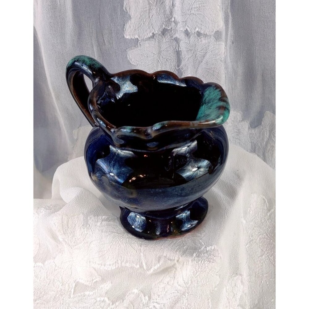 Vtg Creamer Pitcher Pottery 4" Dark Mottled Glaze Turquoise Drip Highlights Jug